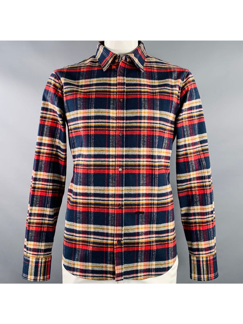 DSQUARED2 Size XL Navy Red Yellow Plaid Cotton Button Up Long Sleeve Shirt
